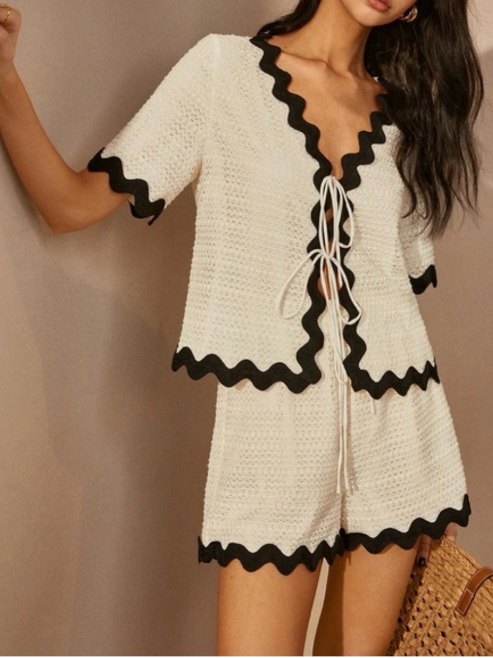 Commense white Crochet Tie-Front Coverup with Black Scallop Trim